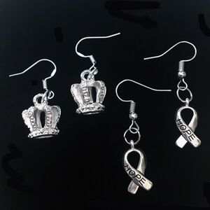 𝅺2 PR Earrings Hand Crafted Silver Plate Coronet Crown and Hope Ribbon
